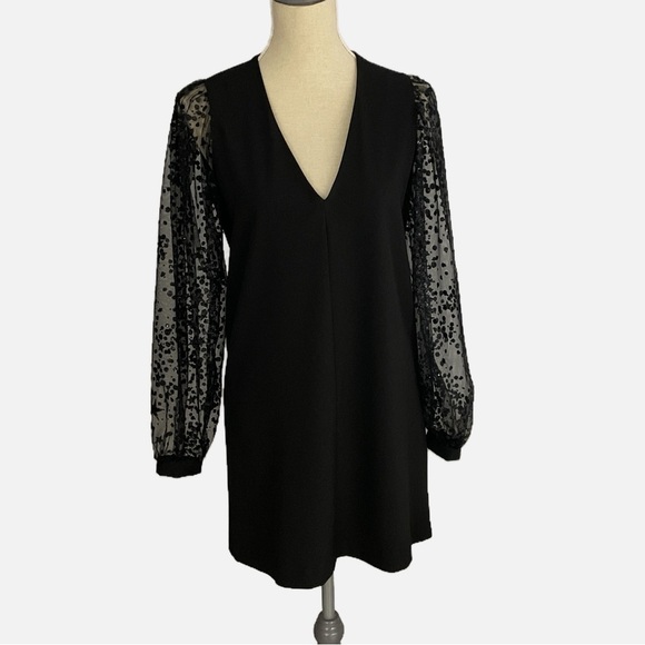 Imperial Mini Dress Deep V-Neckline Puff Mesh Long Sleeves Black Size Small - Picture 12 of 12